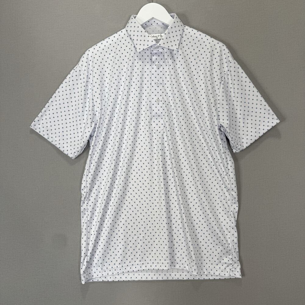 Collars & Co Dress Collar Polo Mens L White Pebble Beach 5 Diamond Print Preppy